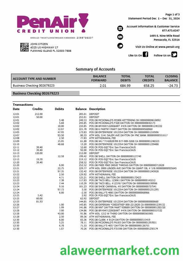 USA Florida PenAir Credit Union bank statement, 3 pages